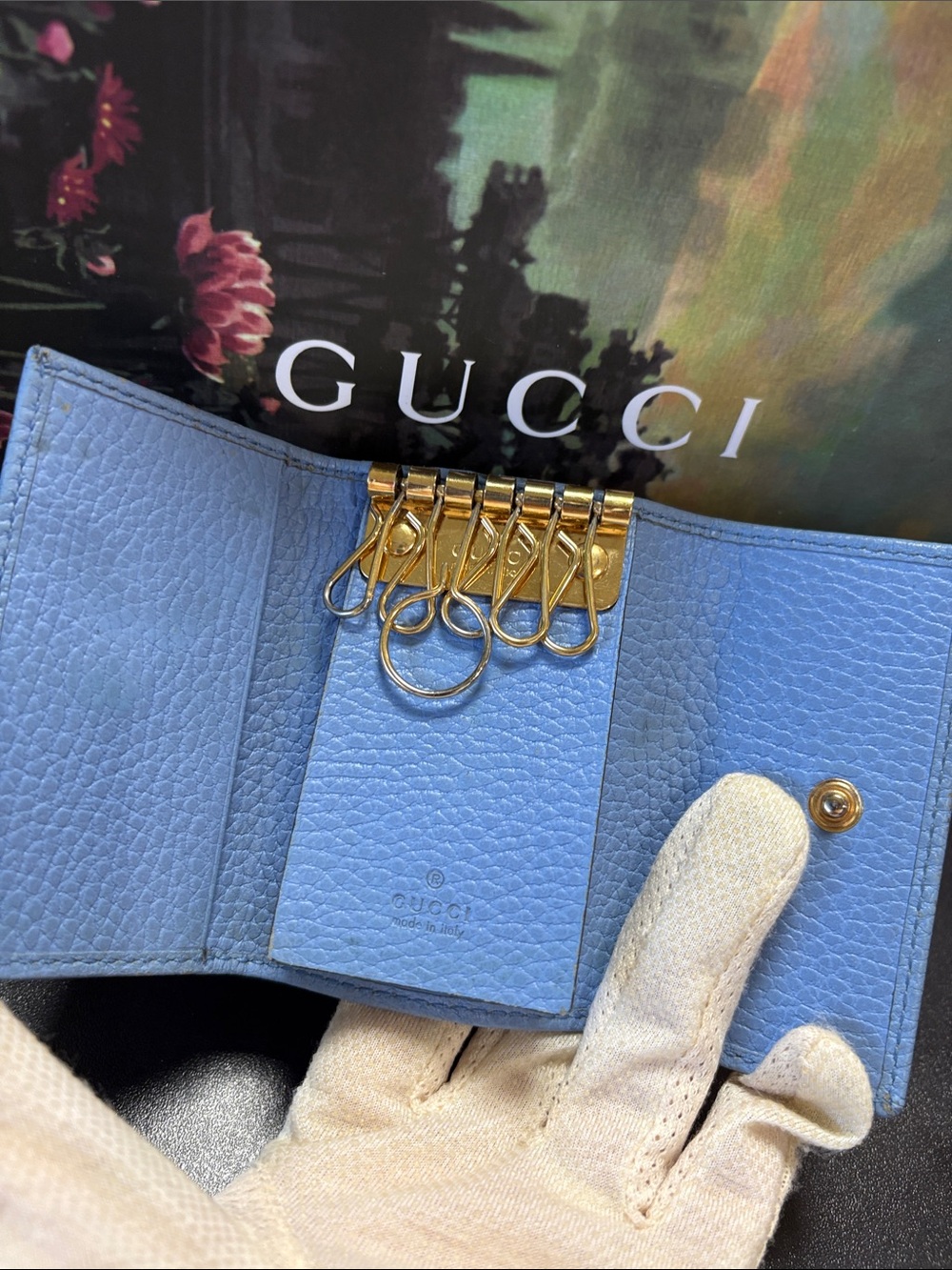 Gucci💙SkyBlue Pebbled Leather Key-holder Wallet W/Double G Gold -GUC - Picture 11 of 12